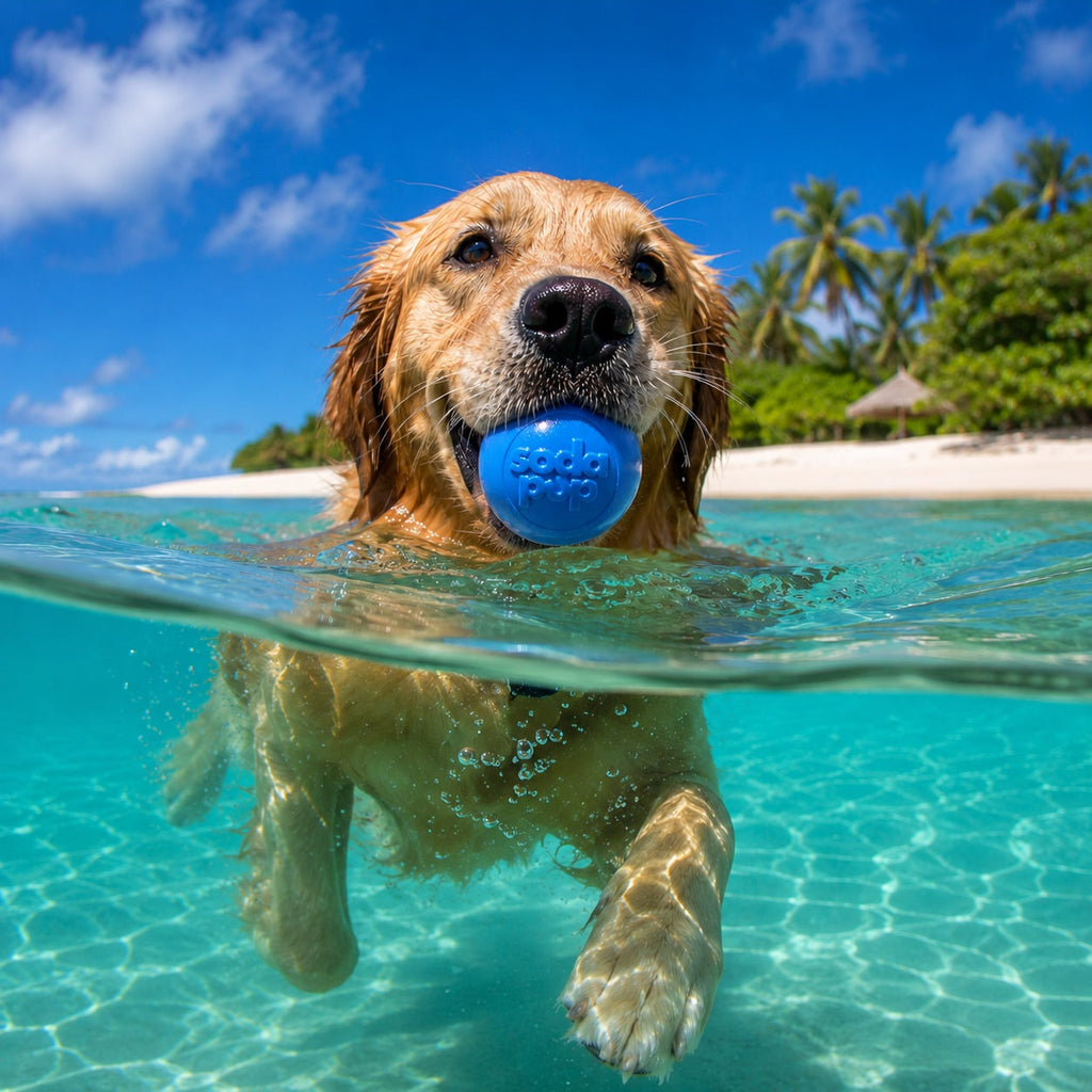 Blue squeaky dog ball floating in water with Soda Pup embossed logo