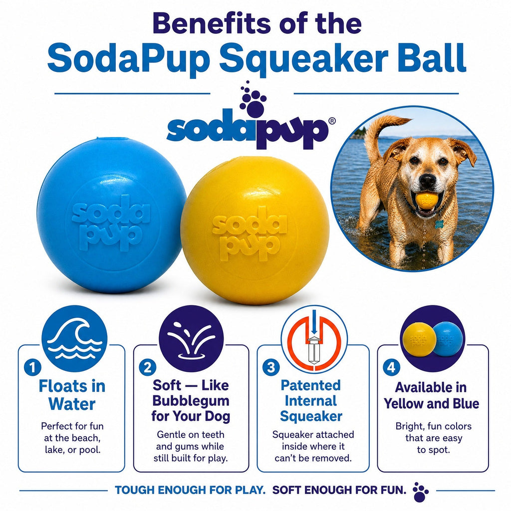 Blue and yellow squeaky dog balls with Soda Pup embossed logo