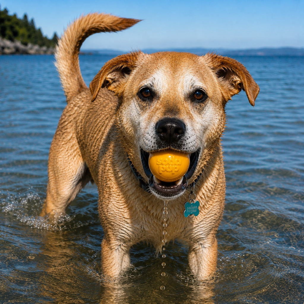 Yellow squeaky dog ball in a dog’s mouth with Soda Pup embossed logo