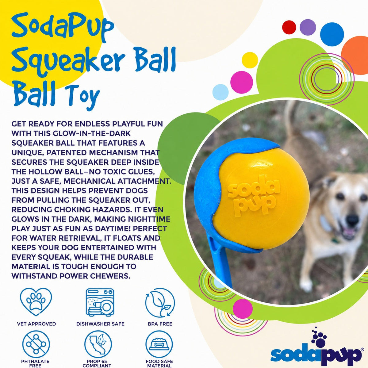 Glow-in-the-dark yellow squeaky dog ball with Soda Pup embossed logo