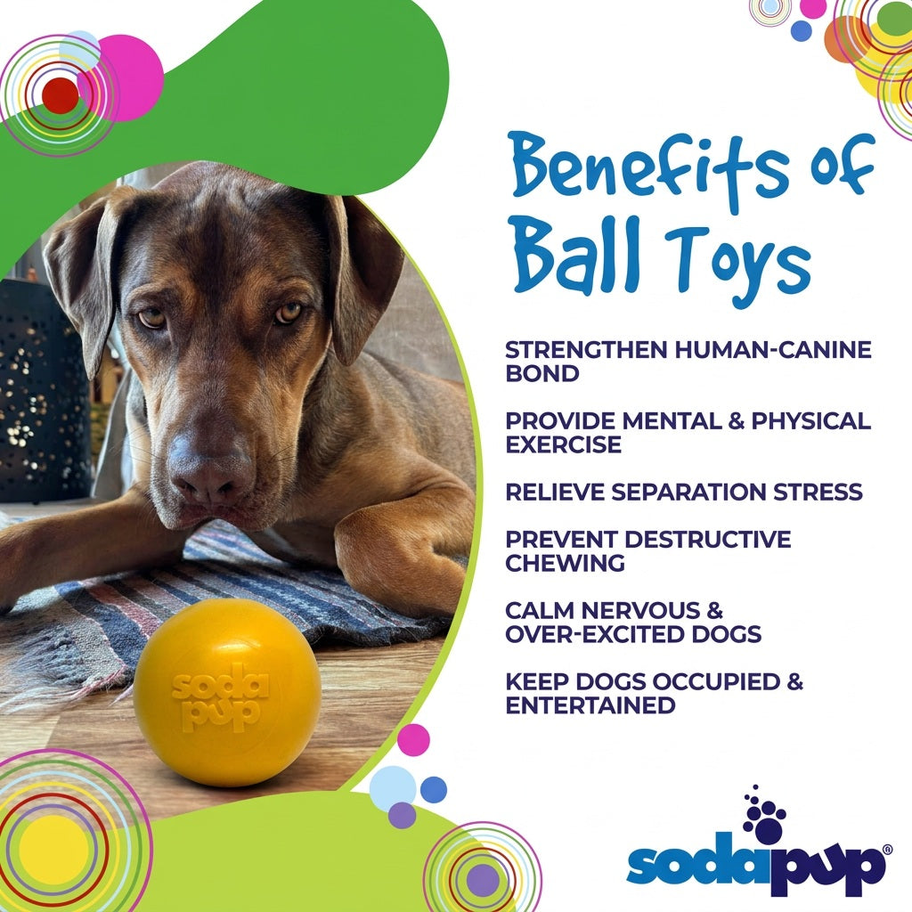 Yellow squeaky dog ball with Soda Pup embossed logo near a resting dog