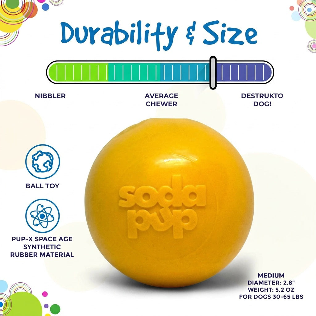 Yellow squeaky dog ball with Soda Pup embossed logo