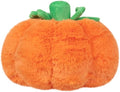 Orange plush pumpkin with green stem and leaf topper, soft rounded shape