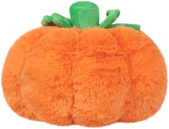 Orange plush pumpkin with green stem and leaf topper, soft rounded shape