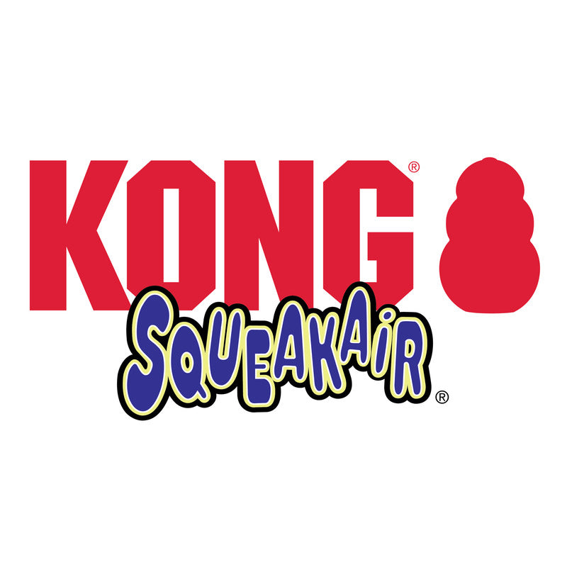 KONG SqueakAir tennis ball branding graphic with red KONG and blue SqueakAir