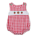 Red and white plaid sleeveless baby romper with strawberry and cupcake print