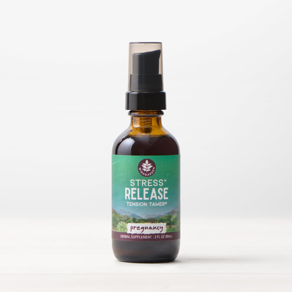 Herbal stress-relief tincture bottle with dark pump cap, pregnancy label