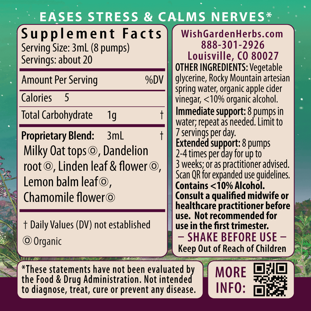 Supplement facts label panel for herbal tension tamer, serving size and ingredients