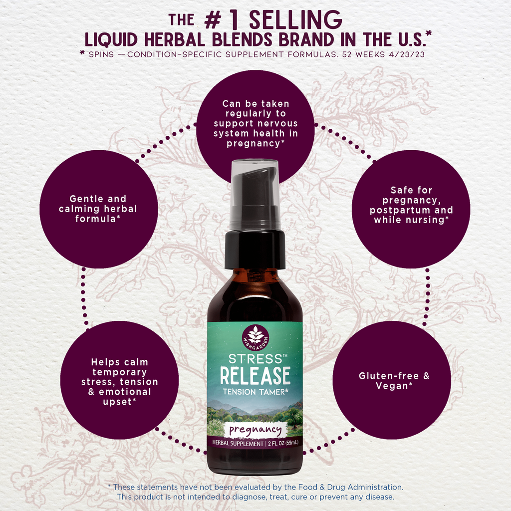 Herbal tension relief bottle on marketing graphic with pregnancy and gluten-free badges