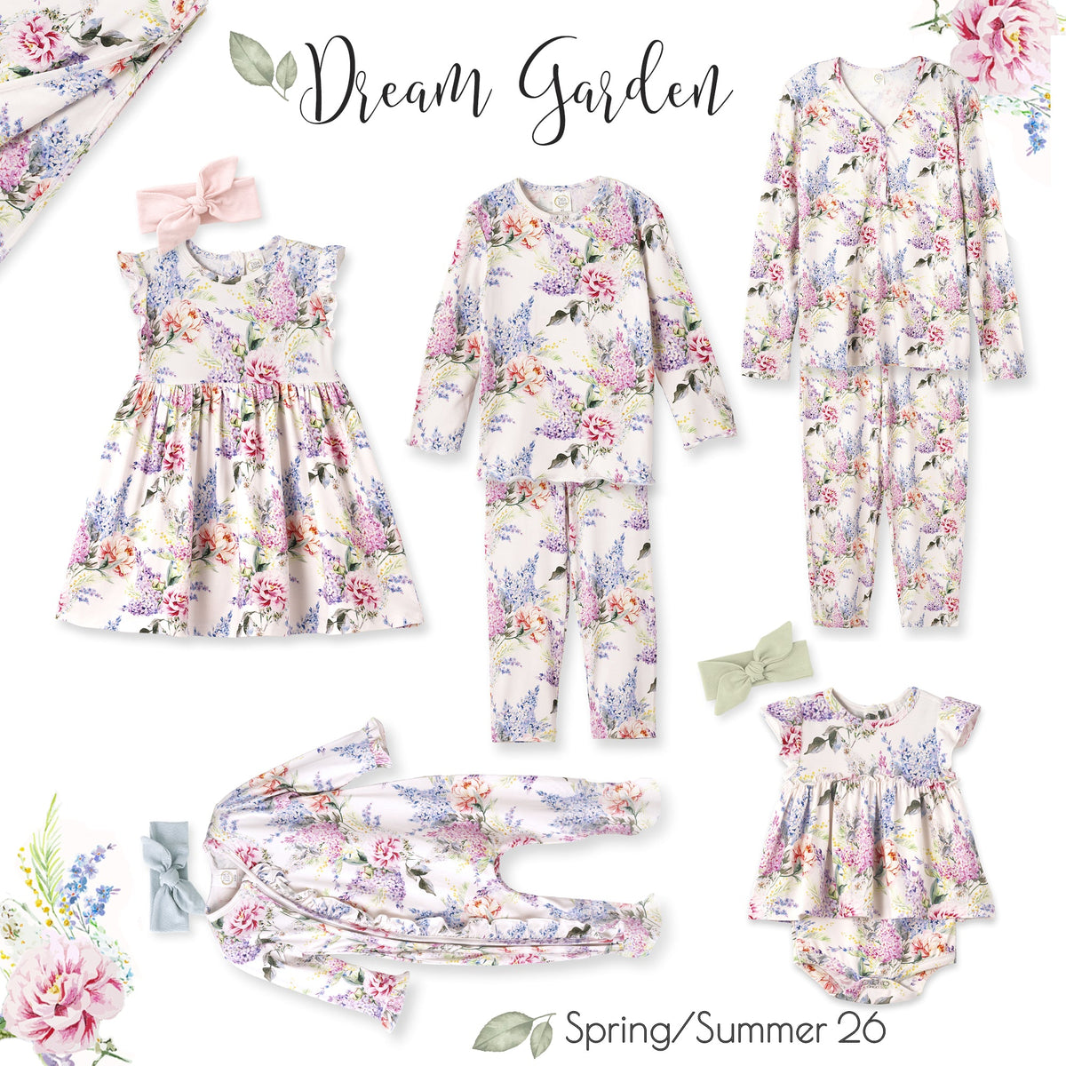 Kids sleepwear set collage: floral tops, pants, dress, and bow headband.