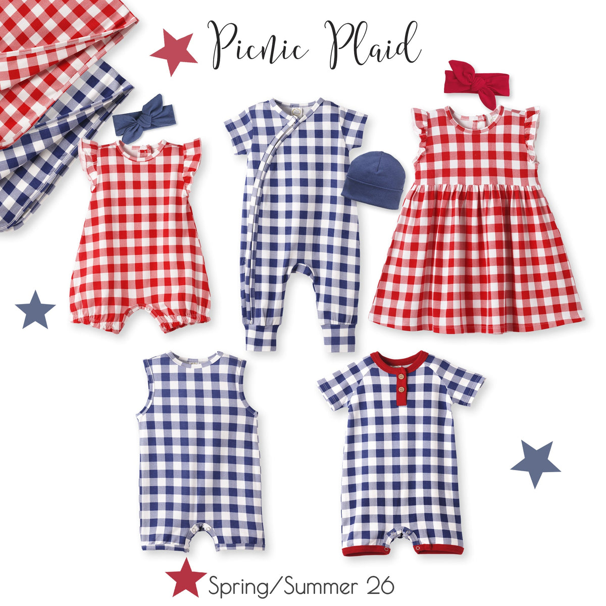 Picnic plaid baby outfits set: red and blue check rompers with bow and stars