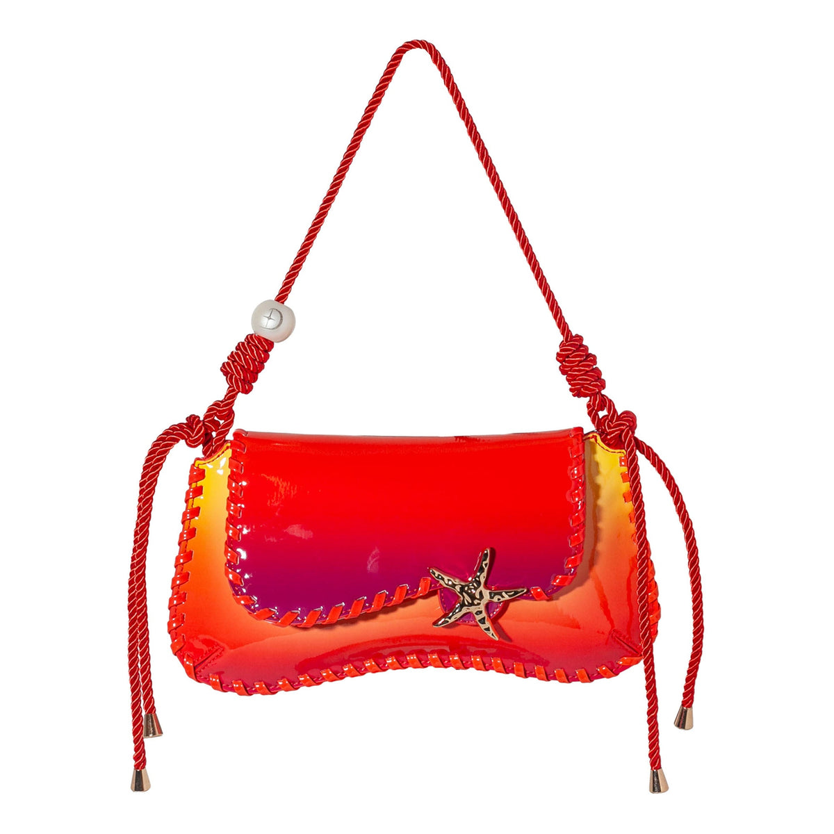 Orange-red lacquer shoulder bag with starfish clasp and braided tassel straps