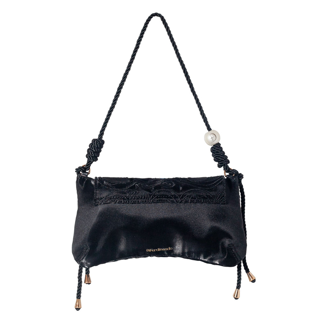 Black satin shoulder bag with woven shoulder straps and starfish front clasp