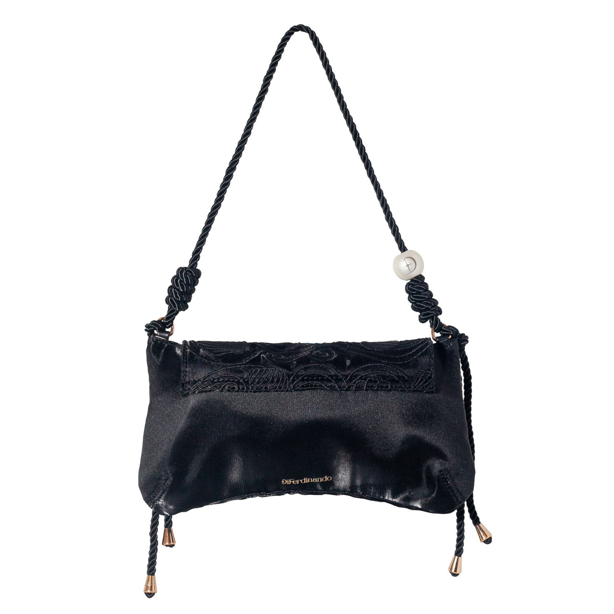 Black satin shoulder bag with woven shoulder straps and starfish front clasp