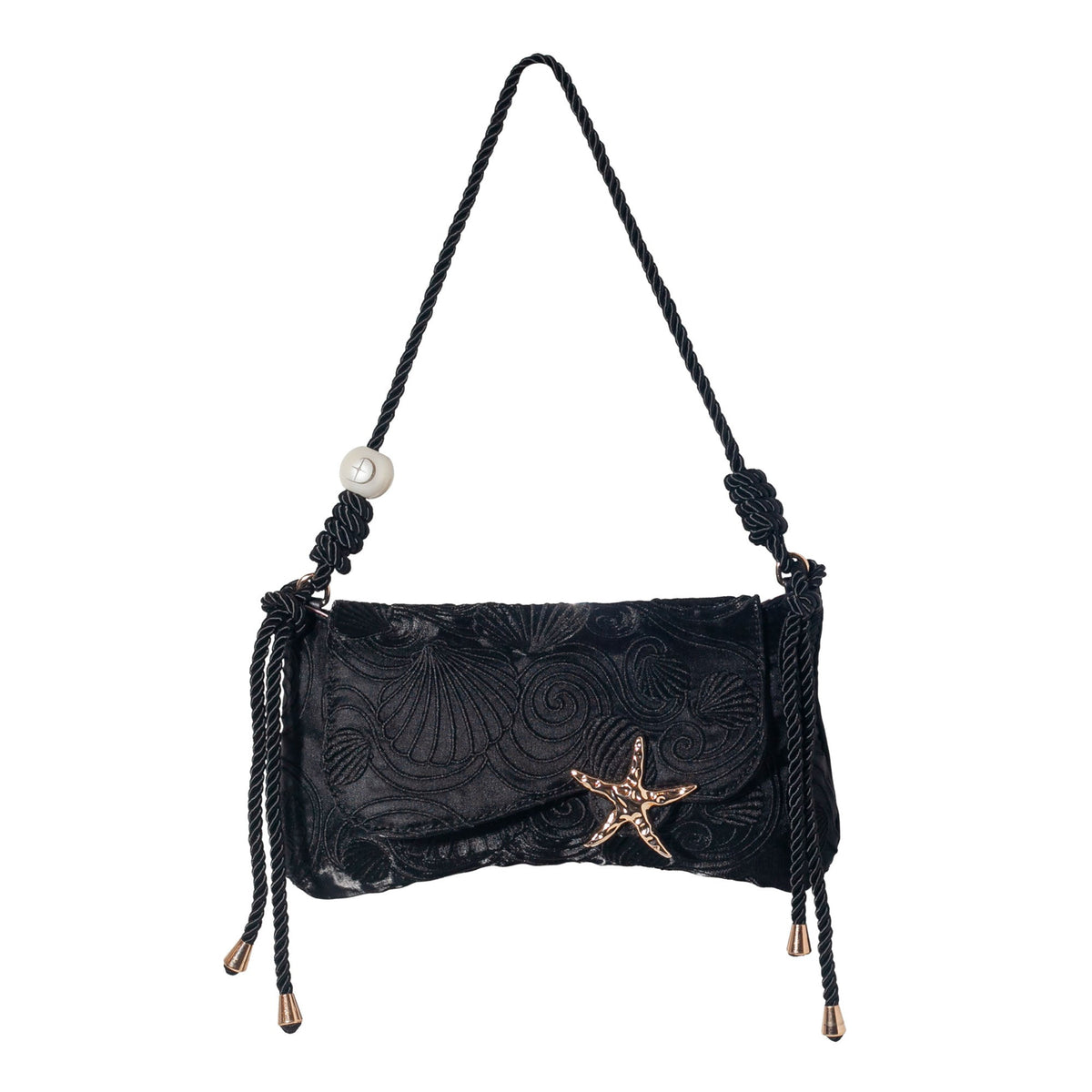 Black embroidered shoulder bag with starfish clasp and braided tassel ties