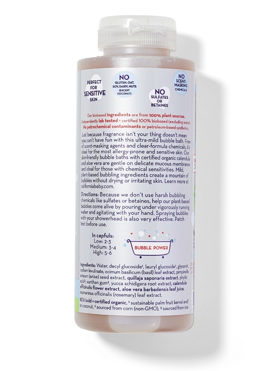 Fragrance-free bubble bath bottle back label with ingredient and directions text