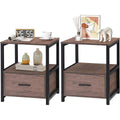 Set of 2 end tables with storage drawers, dark metal frames, and open shelves