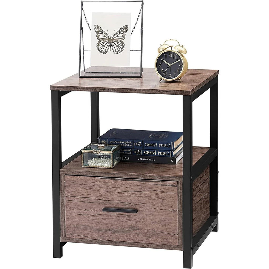 Wood-and-metal nightstand with open shelf and front storage drawer, dark legs