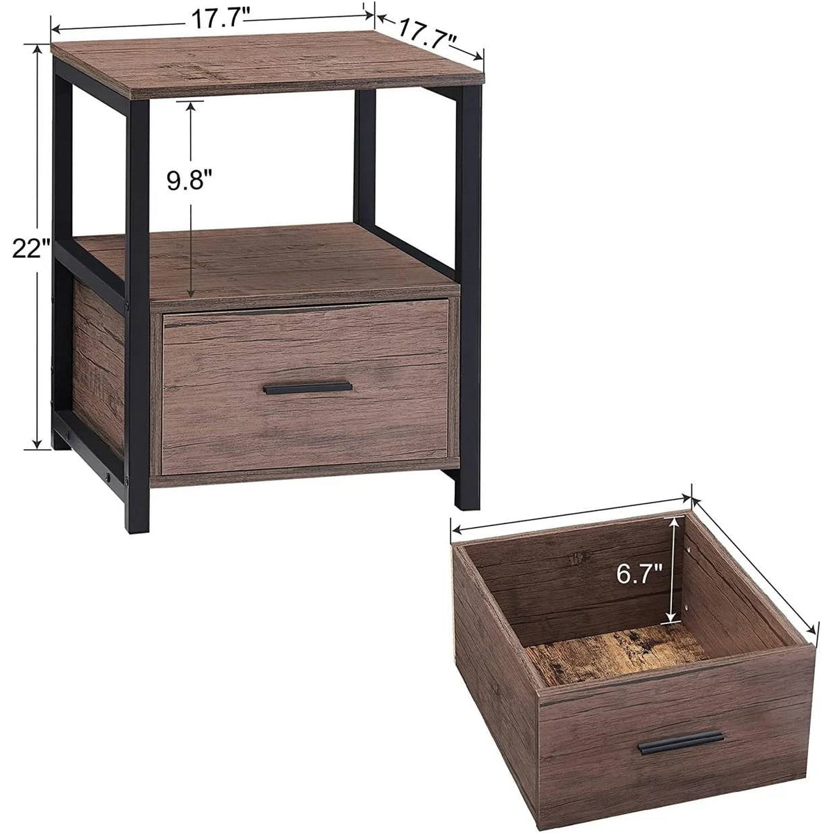 End table with storage drawer and open shelf, dark metal frame (with dimensions)
