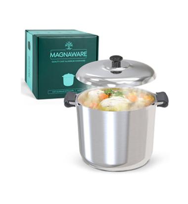 Stainless stock pot with domed lid, side handles, and food inside