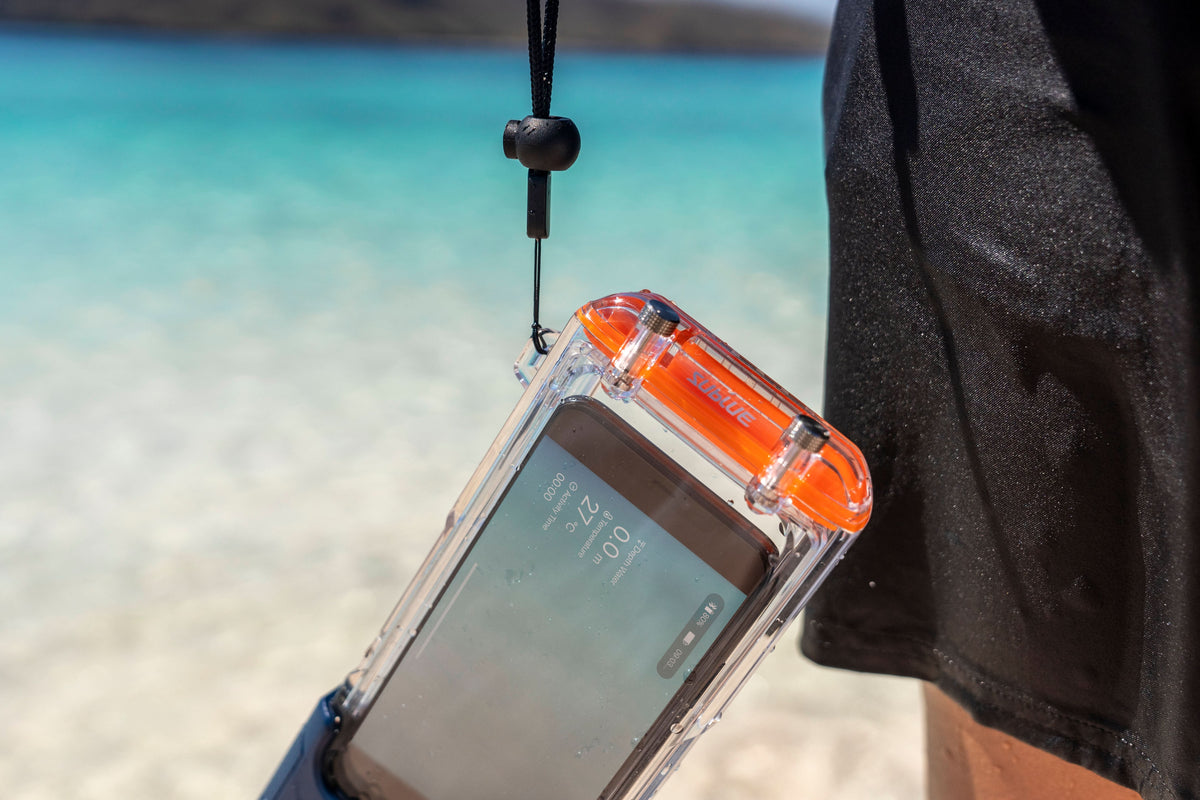 Transparent orange waterproof phone case with touch-screen window and lanyard