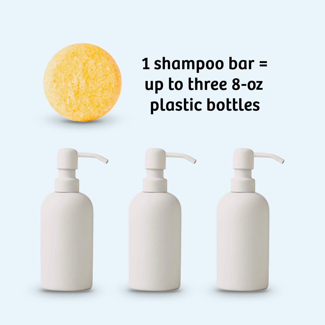 Moisturizing shampoo bar shown above three pump bottles for plastic savings