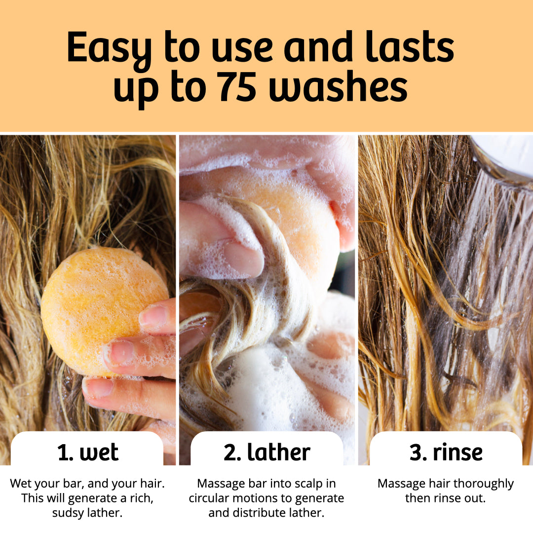 Peach shampoo bar with steps showing wetting, lathering, and rinsing hair