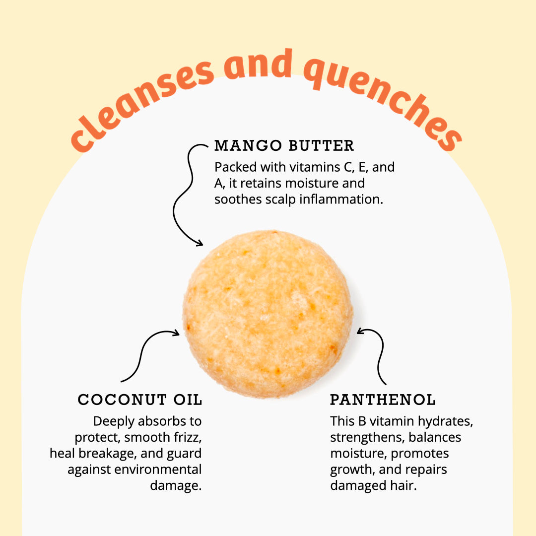 Peach moisturizing shampoo bar with ingredient callout graphic and arrows
