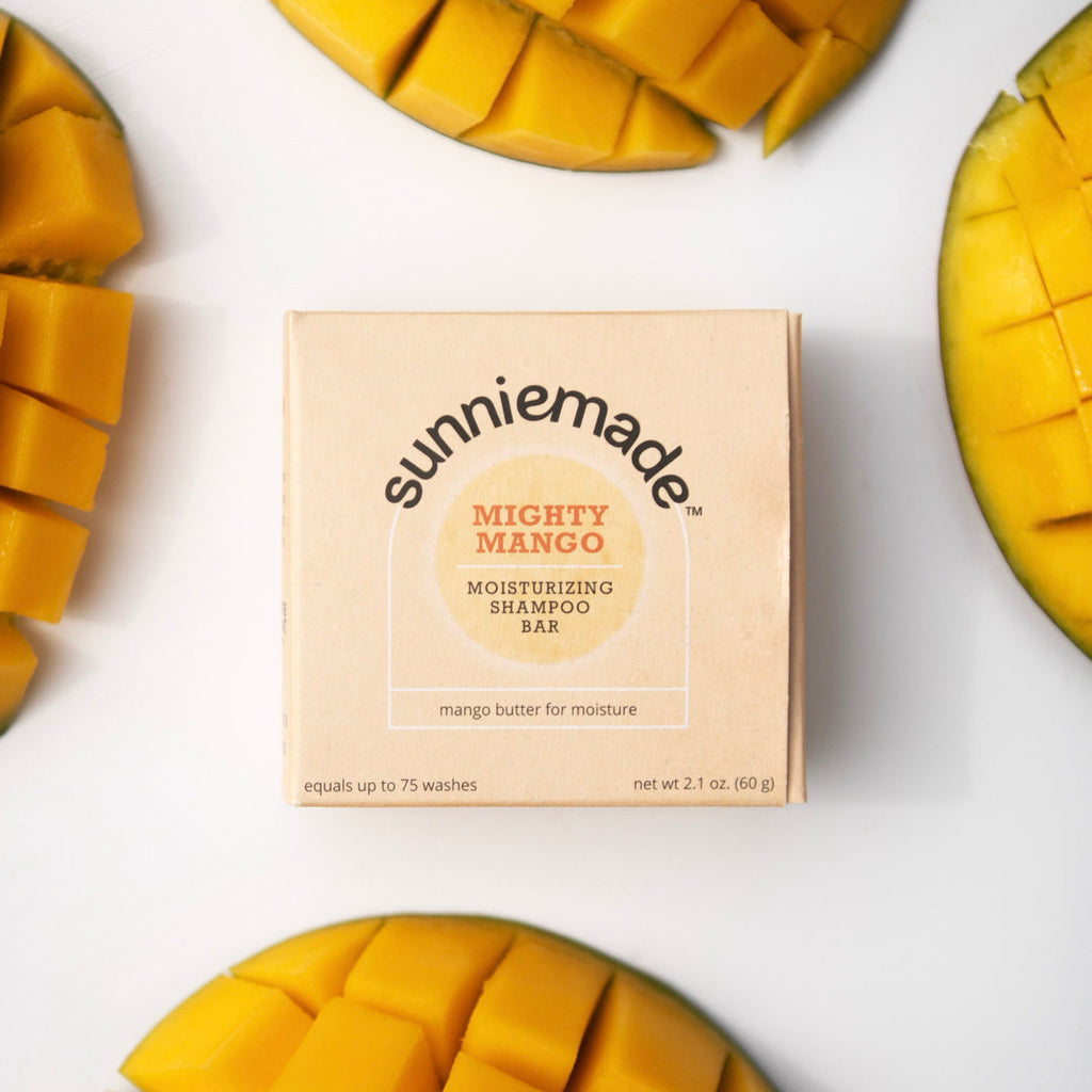 Moisturizing shampoo bar box with sunniemade Mighty Mango label, 2.1 oz (60 g)
