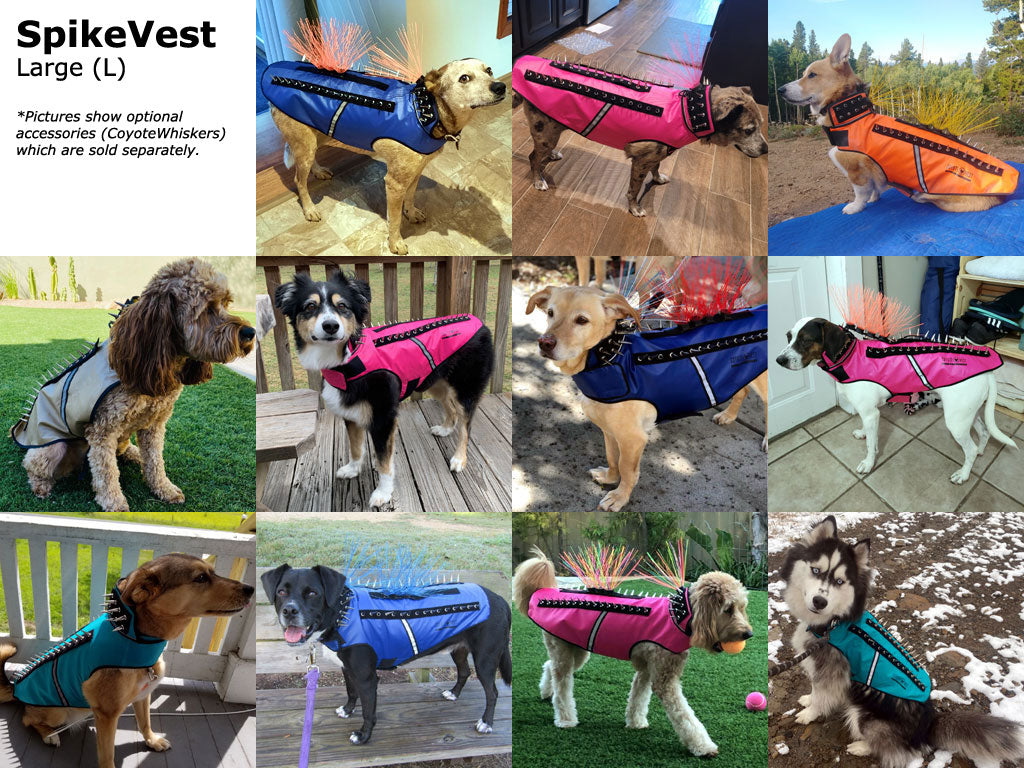 Large dog spike protection vests in blue, pink, orange, and tan with metal spikes
