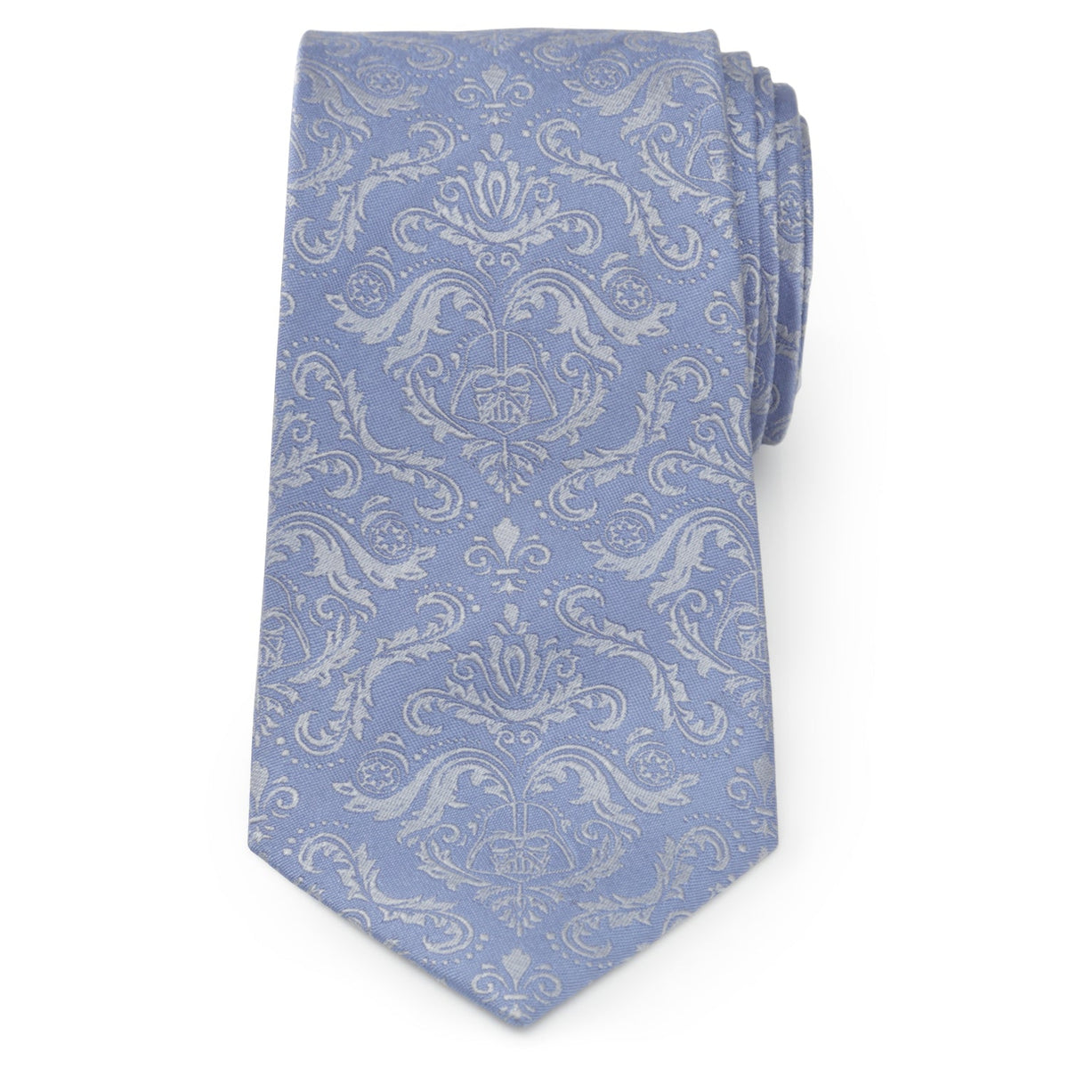 Blue damask necktie laid flat, featuring repeating ornate scroll and floral motifs.