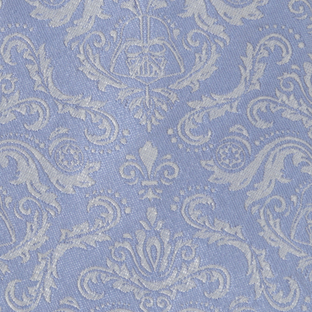 Light blue damask tie fabric with detailed ornate scroll and floral pattern.