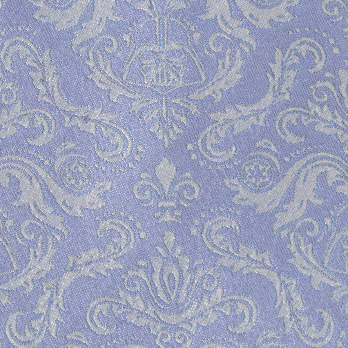 Light blue damask tie fabric with detailed ornate scroll and floral pattern.