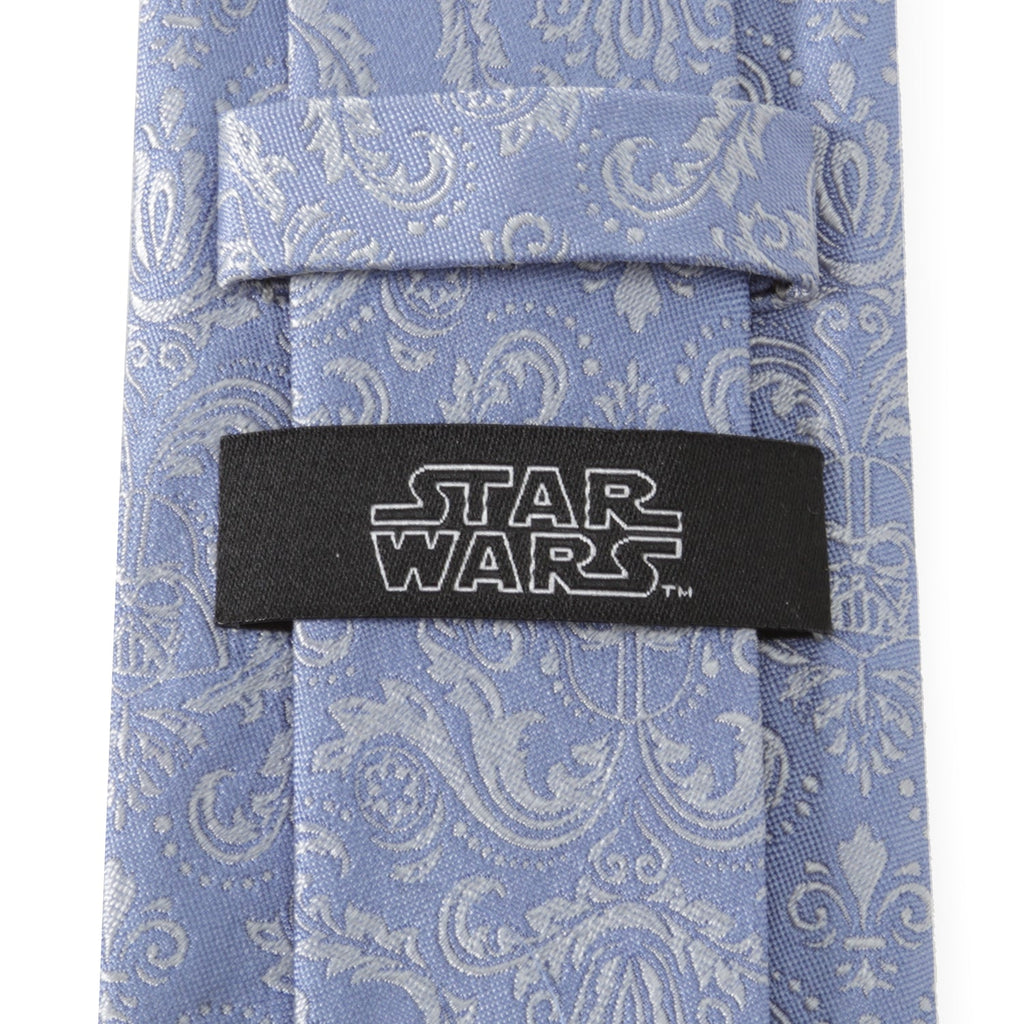 Blue damask necktie with a black inner seam tag showing the Star Wars logo.