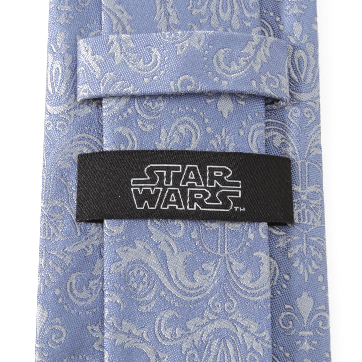 Blue damask necktie with a black inner seam tag showing the Star Wars logo.