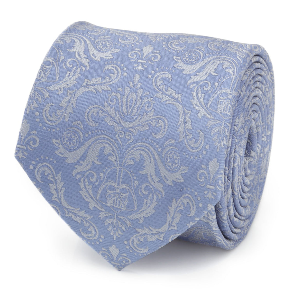 Blue damask necktie with ornate paisley scroll pattern, neatly folded.