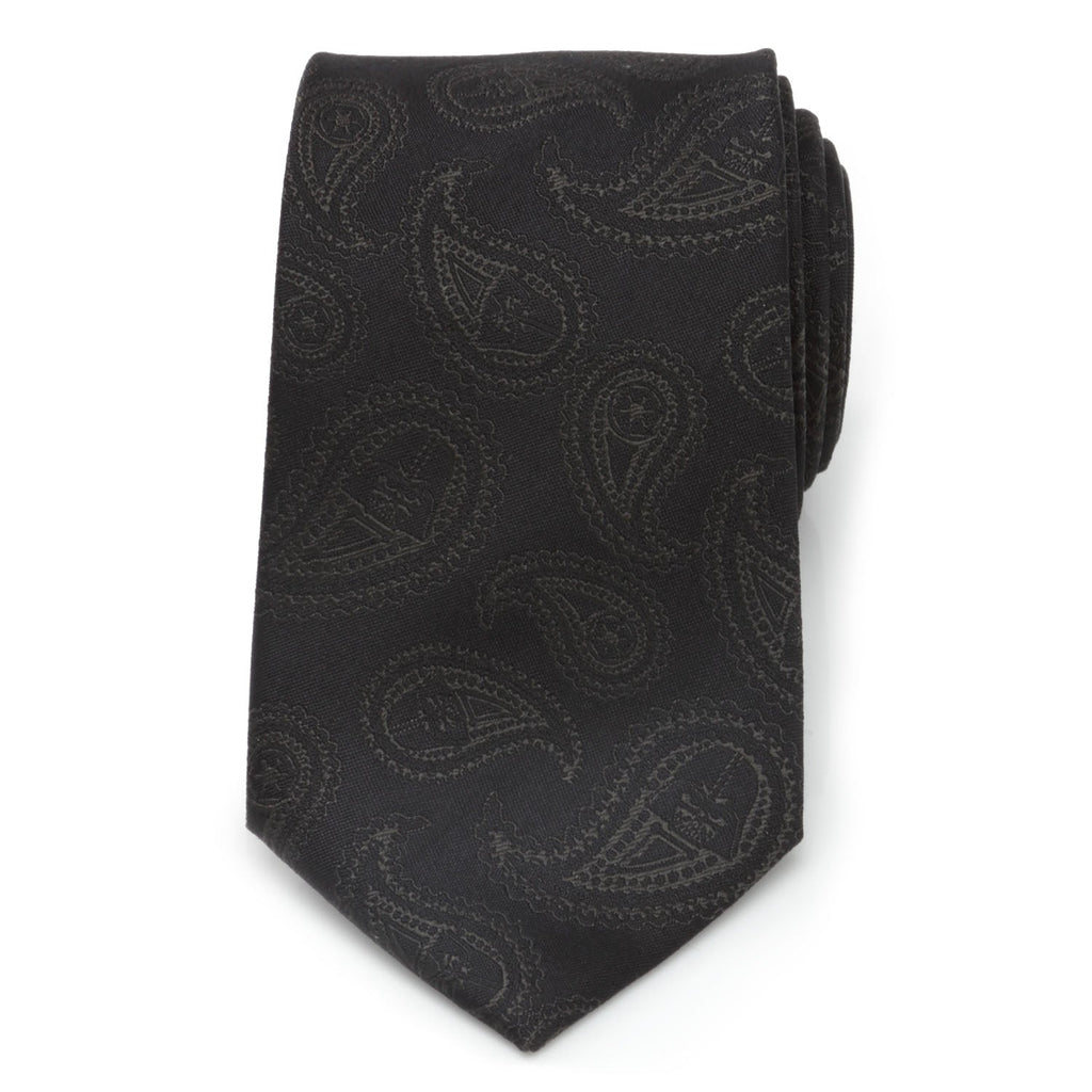 Black silk necktie with dark paisley pattern, side view
