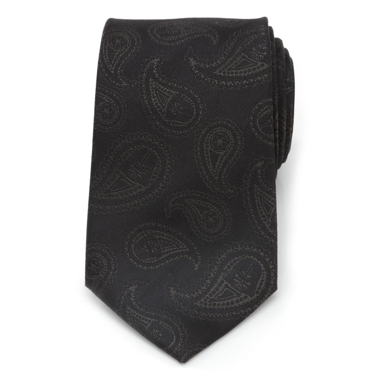 Black silk necktie with dark paisley pattern, side view