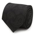 Black silk necktie with subtle paisley pattern and character motifs