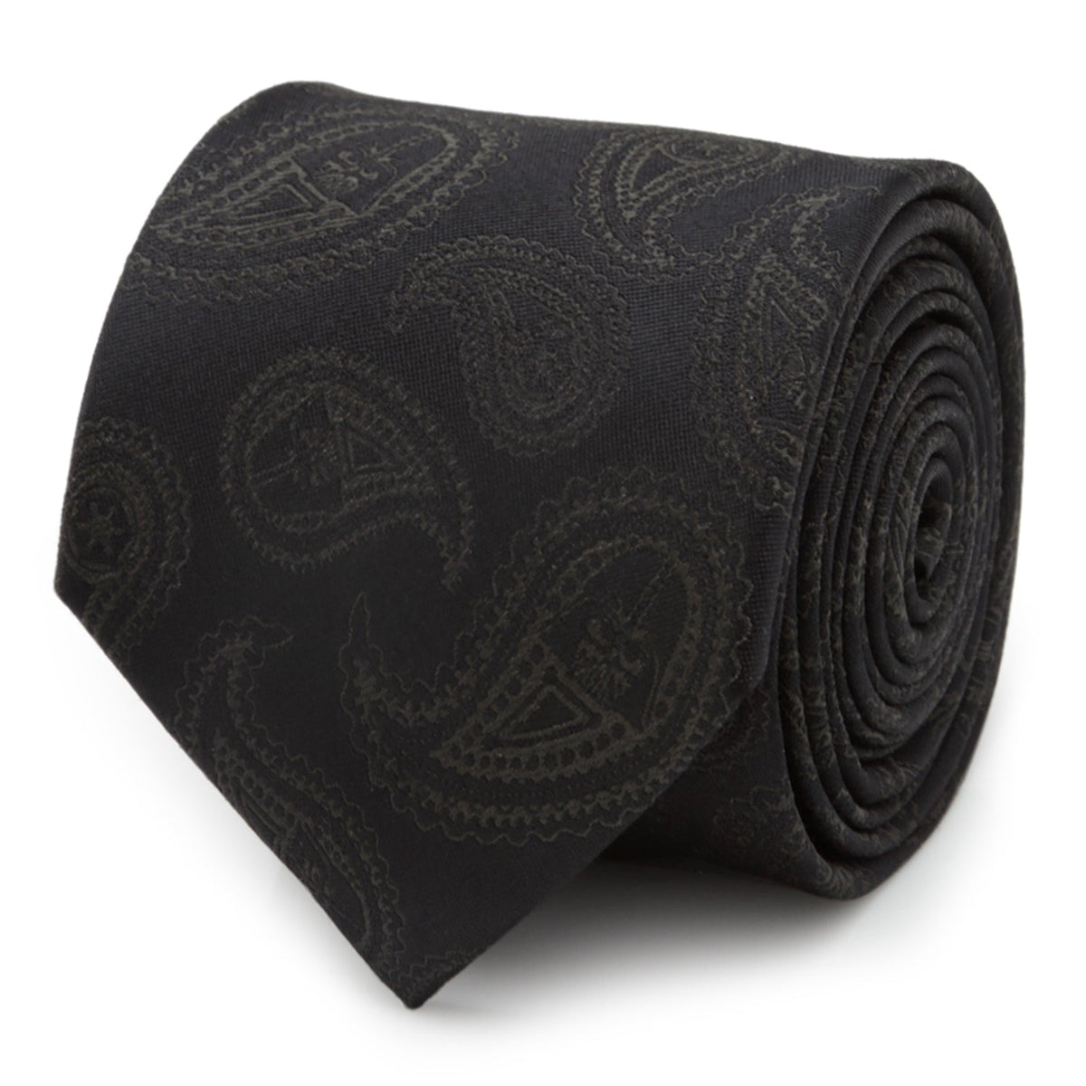 Black silk necktie with subtle paisley pattern and character motifs
