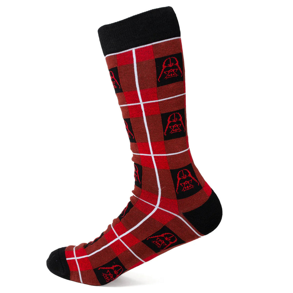 Red-and-black plaid dress sock with Darth Vader icons and black toe cuffs