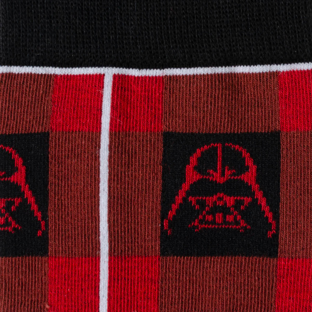 Close-up plaid knit sock with Darth Vader graphic on red and black