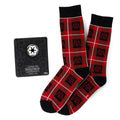 Red-and-black plaid Darth Vader dress socks with black cuffs and lapel pin