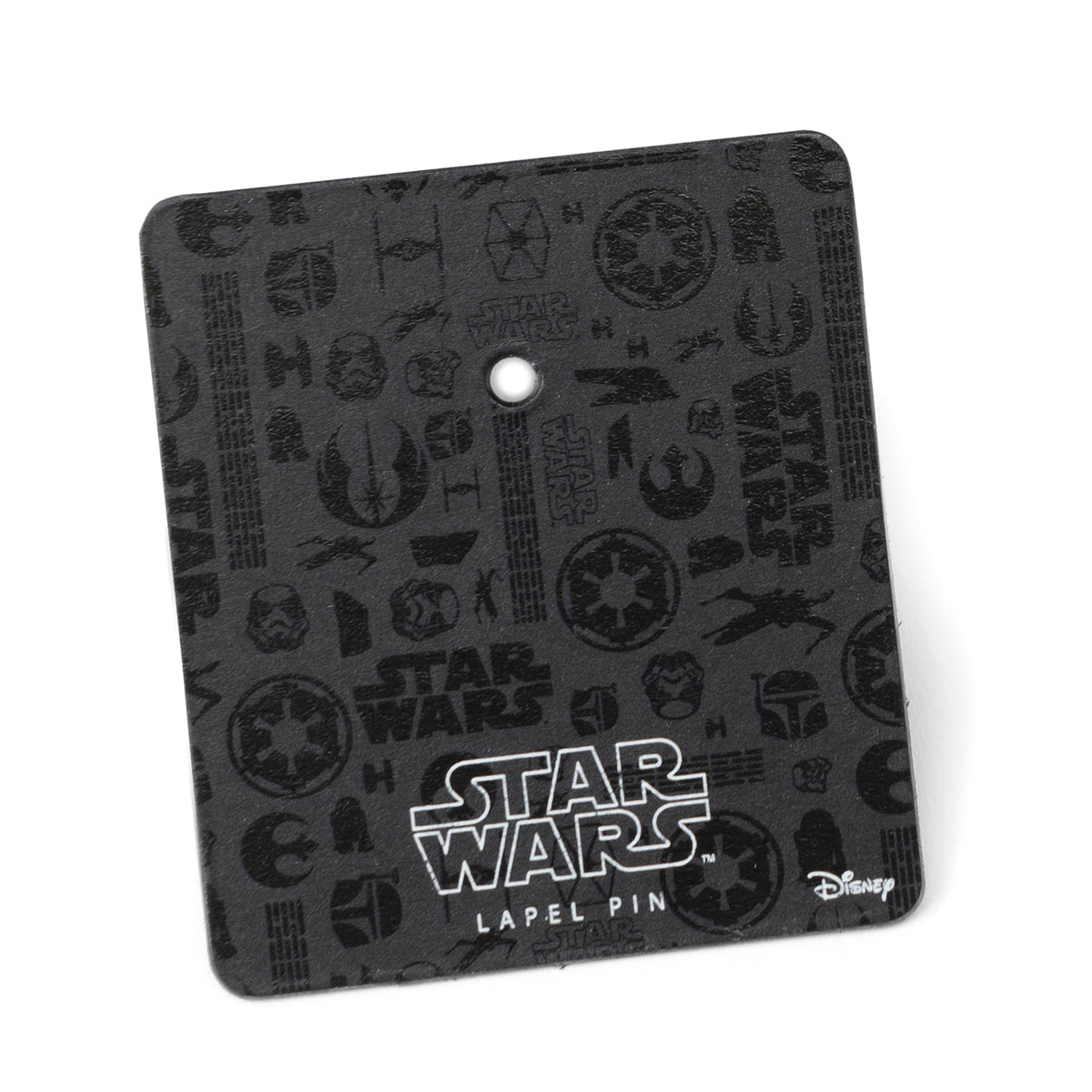 Black Star Wars lapel pin card with Imperial crest logo and tie-point