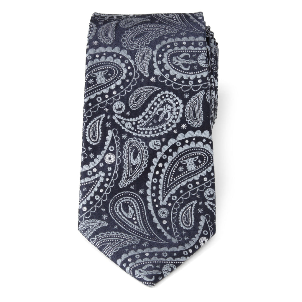 Dark blue paisley necktie with white ornate motifs and a pointed end