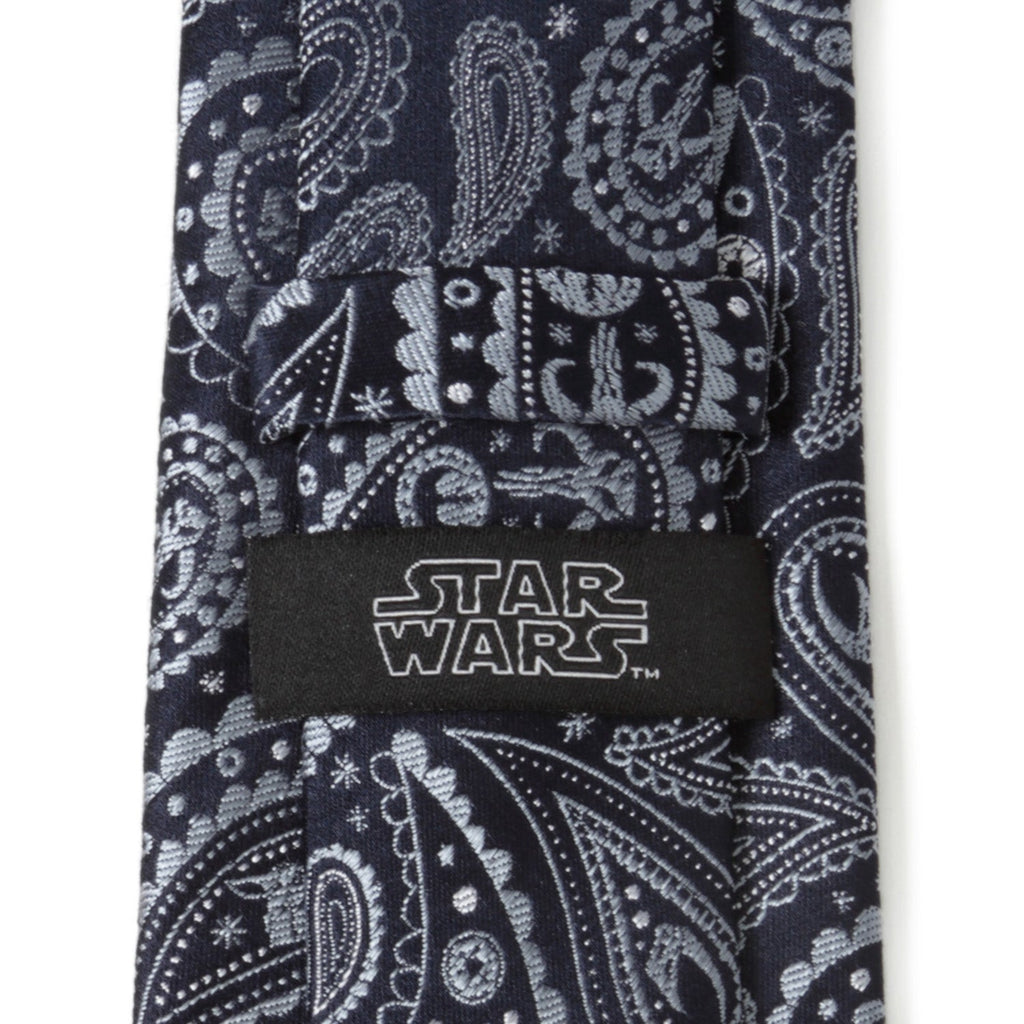 Star Wars Mandalorian necktie in dark navy with white paisley and STAR WARS logo