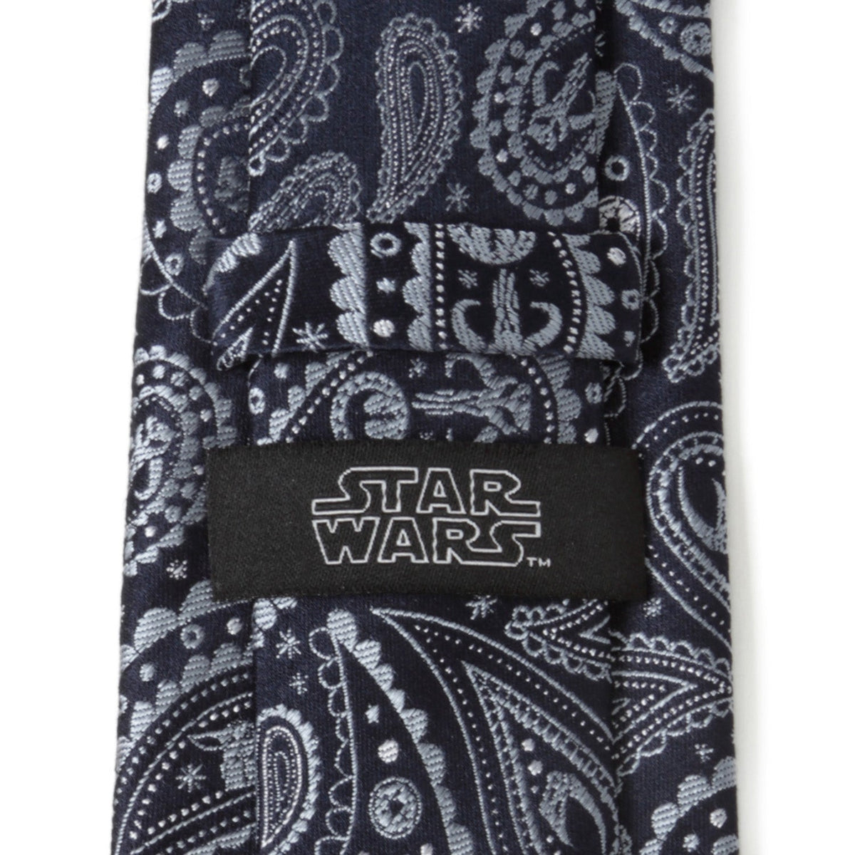 Star Wars Mandalorian necktie in dark navy with white paisley and STAR WARS logo