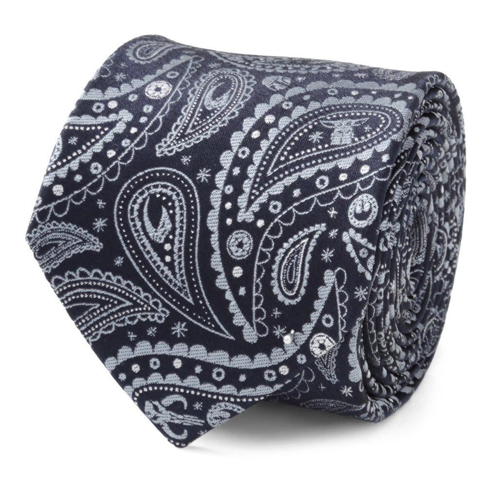 Mandalorian paisley tie with dark navy and white teardrop patterns, wide style