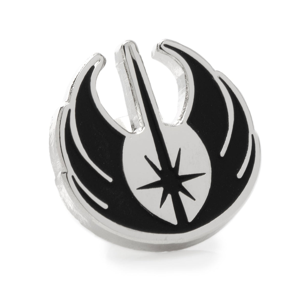 Silver and black lapel pin with stylized flame and star emblem