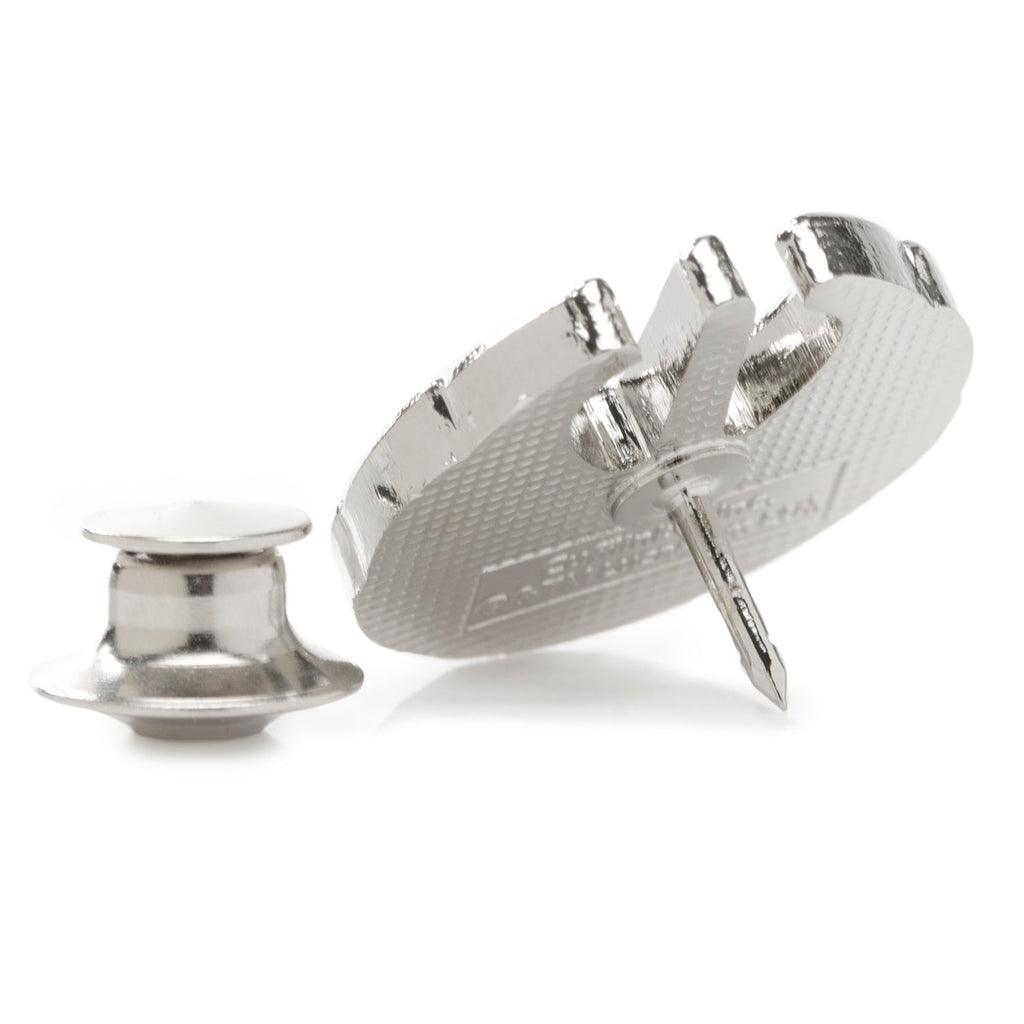 Silver lapel pin with clasp and two posts, angled view